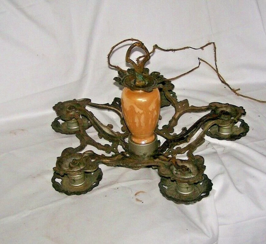 Antique Art Nouveau Cast Metal /Iron Polychrome Chandlier /Light Fixture 1920 #2 - Image 3 of 4