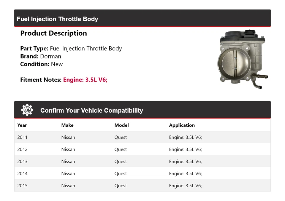 Cuerpo de acelerador de inyección de combustible Dorman V6 3,5 L 2011-2015 Nissan Quest 2012 Foto 2 de 4