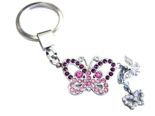 Butterfly Key Chain Pink Crystal Silver Plated Key Ring Dangle Charm