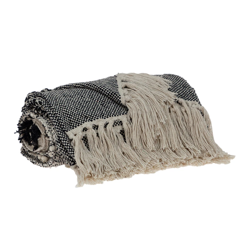 Boho Beige and Black Handloom Weave Throw with Decorative Tassels - Image 3 of 4