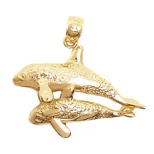 New 14k Yellow Gold Orca Killer Whale and Calf Pendant
