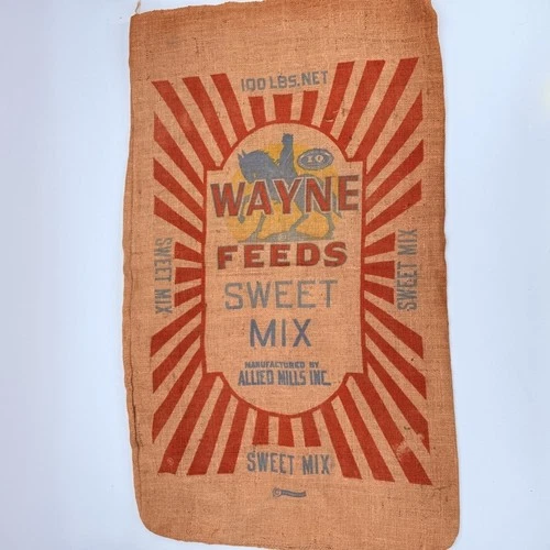 Vintage WAYNE FEEDS Sweet Mix Burlap Feed Sack 100 LBS Allied Mills Antique Farm