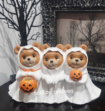 Halloween Teddy Bear Ghost Trio Holding Pumpkins Figurine Tabletop Decor