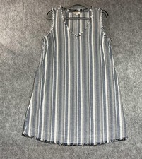 Umgee Dress Womens Small Blue Striped Fringe Sleeveless Pockets Linen Blend Boho