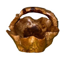 Burlwood Hand Carved Basket Burl Wood Handled 11 x 12 Farmhouse Decor