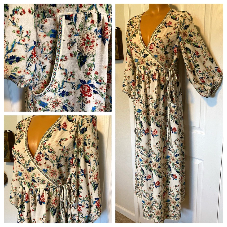 MAX STUDIO BOHEMIAN FLORAL W/ TAPESTRY RIBBON TRIM FAUX WRAP DRESS SZ S - Image 2 of 4