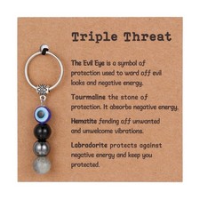 GINAZL Evil Eye Keychain, Natural Crystal Small, Black-triple Threat