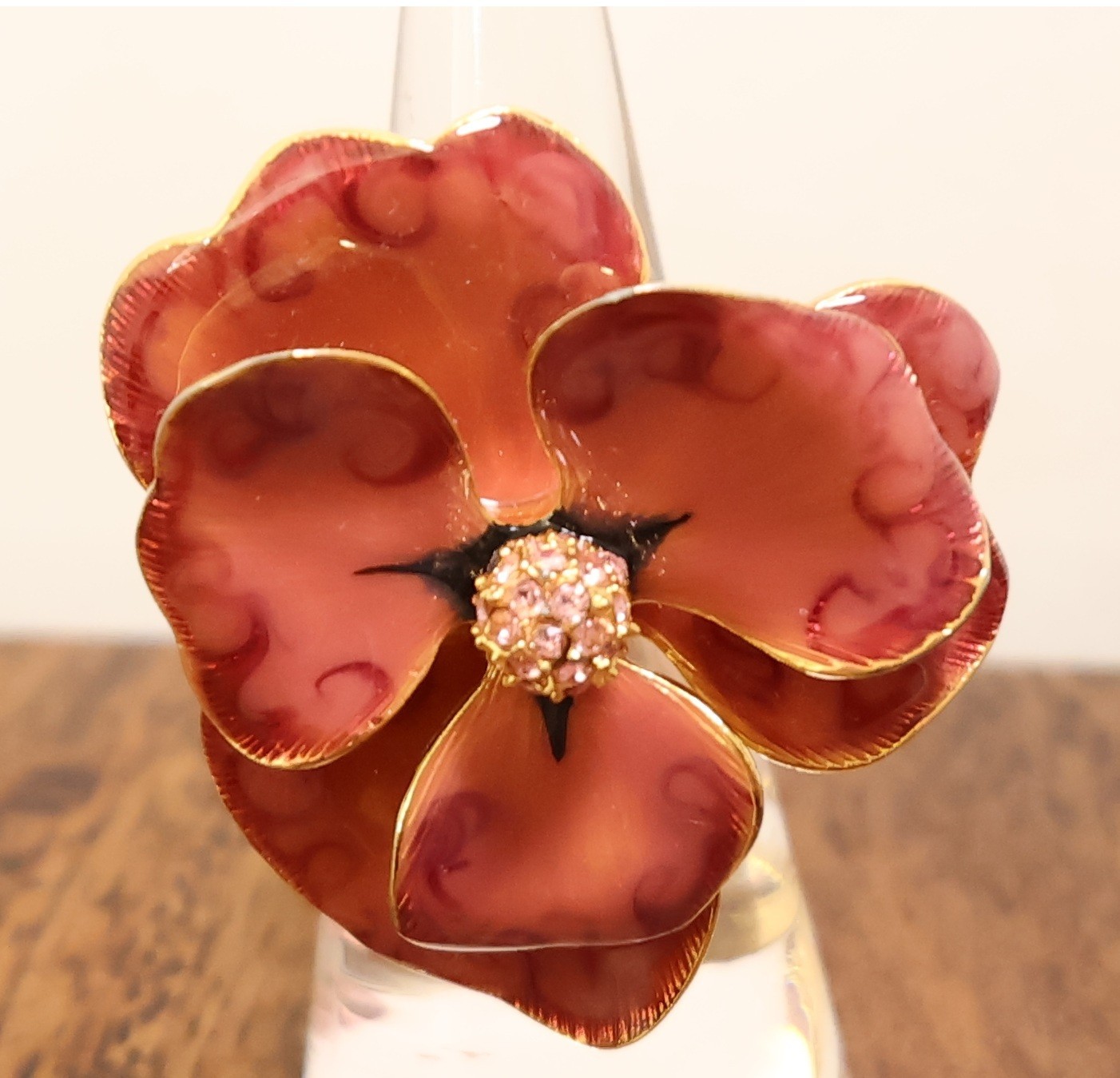 Kenneth Jay Lane ring Gold Blush enamel flower pink crystals goldtone adjustable