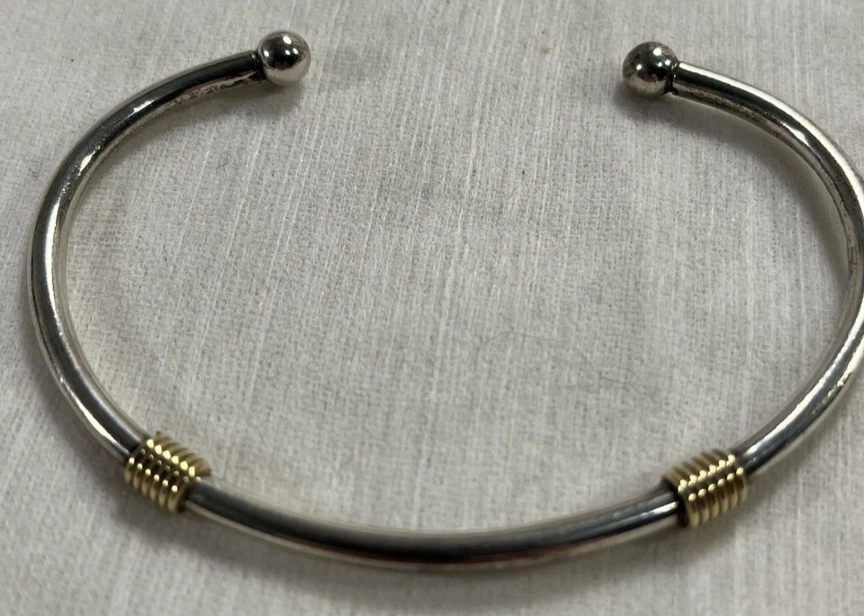 TIFFANY & CO STERLING SILVER 18K 750 YELLOW GOLD DOUBLE COIL 4mm CUFF BRACELET - Image 2 of 4