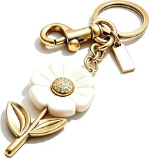 Bag Charm Keychain for Purse Handbag White Flower Gold Tone Key Ring Women