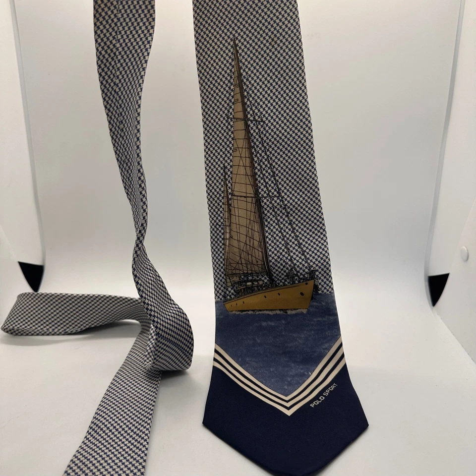 Polo Sport Ralph Lauren Mens Neck Blue White Tie Sailing Yacht Nautical 100%Silk - Image 2 of 4