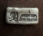 Prospector’s Gold and Gems 1 oz Silver Bar Skull and Crossbones .999 Hand Poured