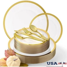 Clear Gold Disposable Dinnerware Sturdy Plates Thanksgiving Friendsgiving Events