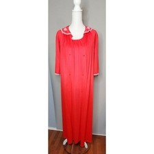 Lorraine Vintage Red Pink Lace Trimmed Nylon Nightgown/Robe Peignoir 2 PC Set S