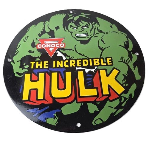 Vintage Conoco Gasoline Porcelain Sign - Green Hulk Comics Gas Pump Sign
