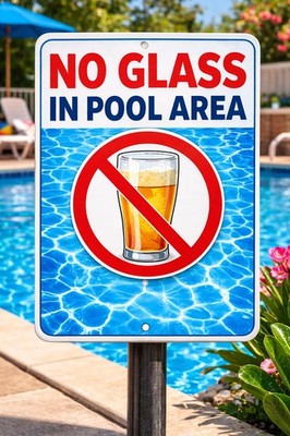 No Glass In Pool Area Sign Metal Pool Safety Sign 8x12