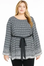 FASHION BUG  Womens Blouse Tunic 3X Top Flared Long Sleeve Gray Geografic Boho