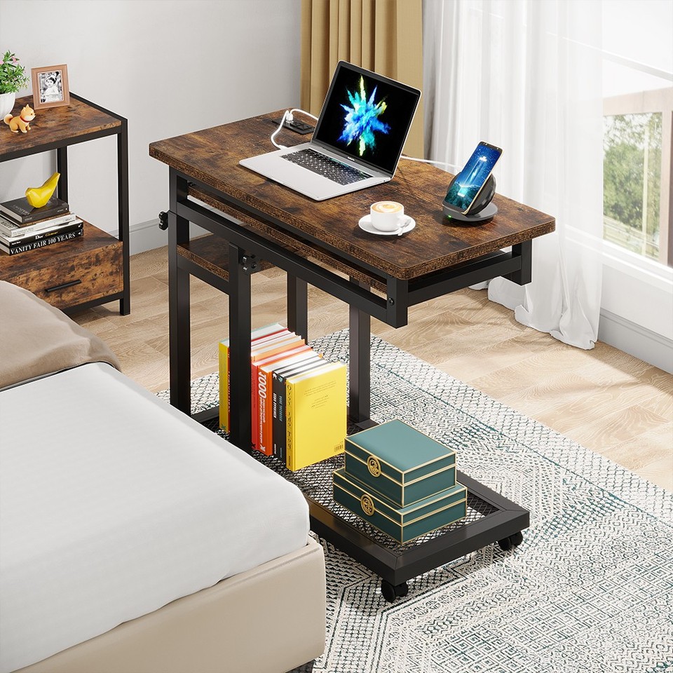 Small Portable Computer Desk with Power Outlet, Height Adjustable ...