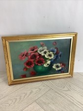 Antique Painting Oil On Canvas Flowers In Green Bowl # mezz