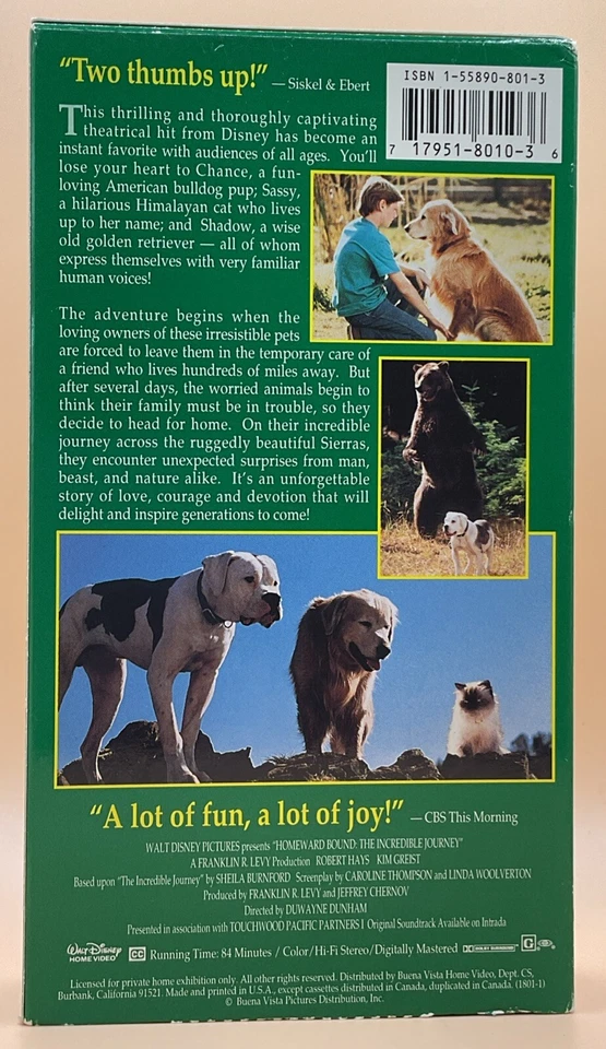 Homeward Bound: The Incredible Journey VHS 1993 Slip Case Acceptable — 第 2/3 张图片