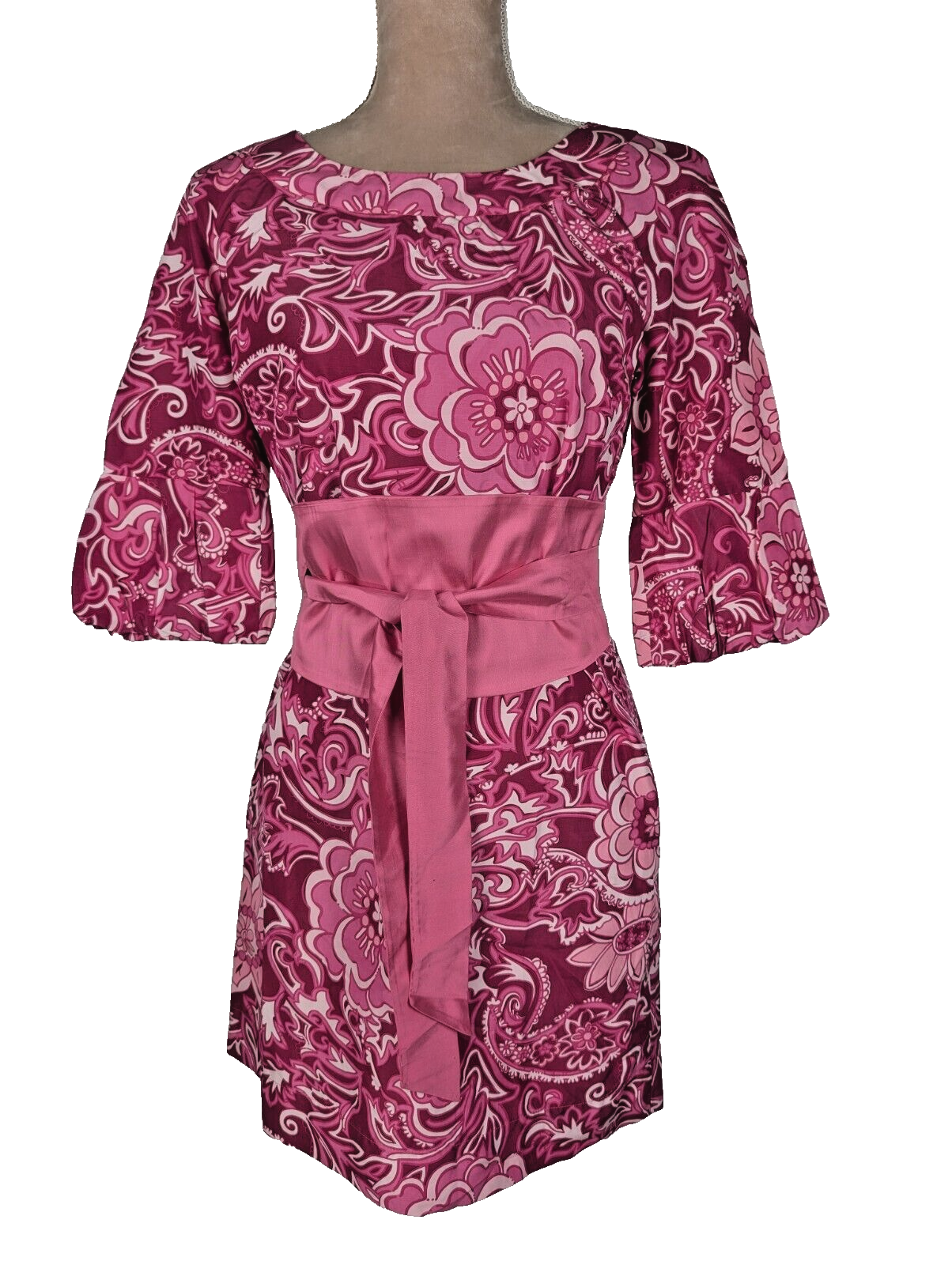 Lilly Pulitzer Hot Pink Paisley Silk Obi Belted Puff Sleeve Shift Dress Sz 4