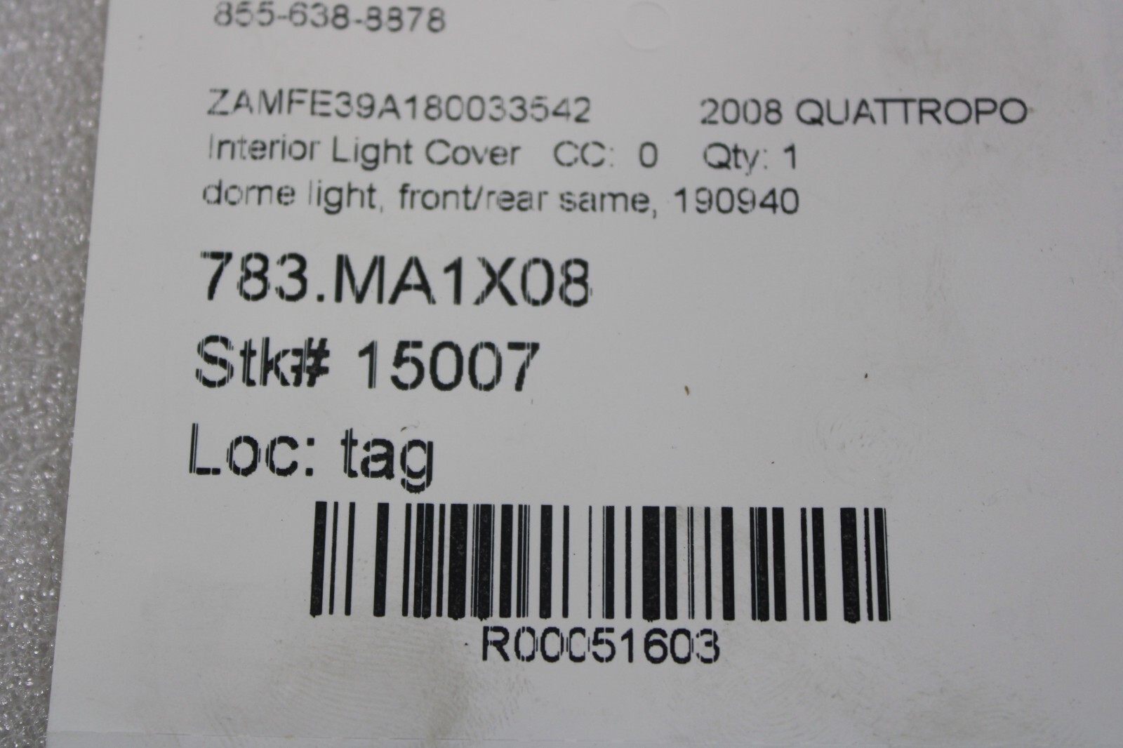Maserati Quattroporte, Granturismo, Interior Dome Light, Used, P/N 190940