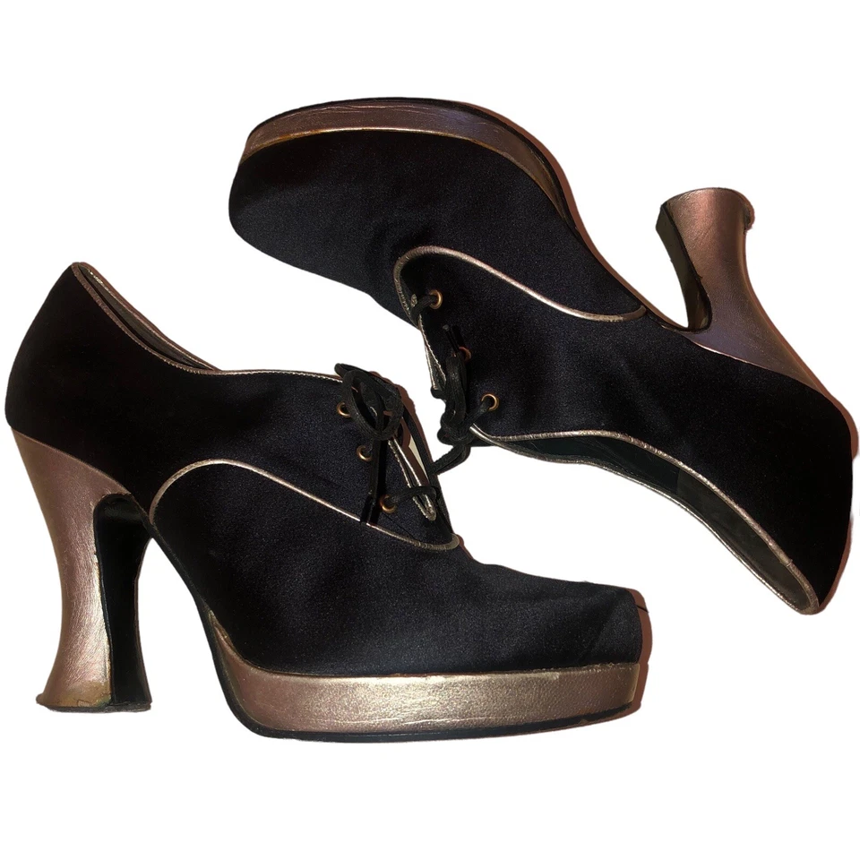 Discoteca anos 60 anos 70 vintage PETER FOX preto prata cetim sapatos plataforma tamanho 7 B - Imagem 2 de 4
