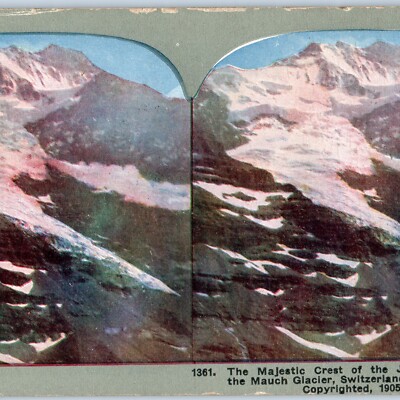 c1900s Switzerland Mauch Glacier Jungfrau Crest Litho Photo Stereo Card V9