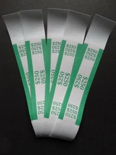 5 - Green $250 Cash Money Self-Sealing Straps Currency Bands 