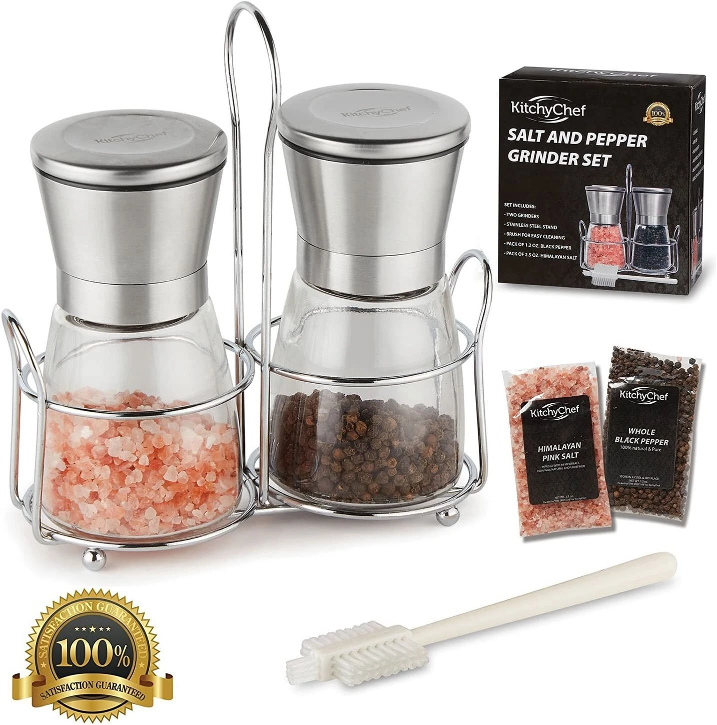 Salt Pepper Grinders 6 oz Glass Shakers Set w/Stand,Brush,Pepper,Himalayan Salt