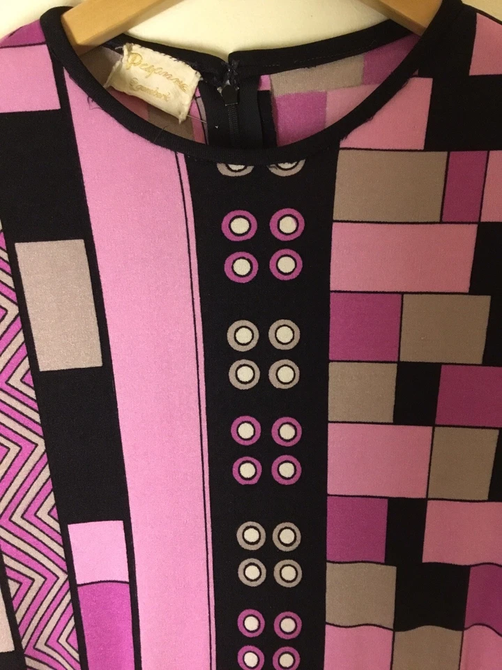 Paganne by Gene Berk Vintage 1970s Geometric Mod Pink Magenta Black Gray Dress - Photo 4/4