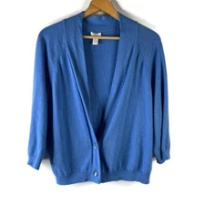 Chico's Womens Silk Cardigan Sweater Size XL Blue V-Neck 2-Button Up 3/4 Sleeve
