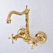 Gold Brass Bathroom Faucets Dual Handle Wall-mounted Basin Sink Mixer Tap asf618