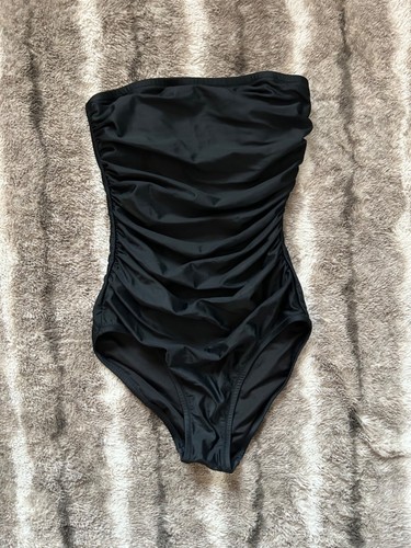Nuevo con etiquetas Traje de baño de una pieza J Crew negro fruncido Bandeau con correa extraíble talla 0 - Imagen 2 de 3