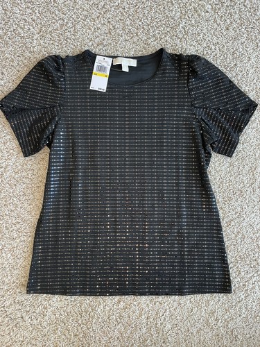 Michael Kors Black Sequin Overlap Flare Sleeve Blouse Top Size M NWT!
