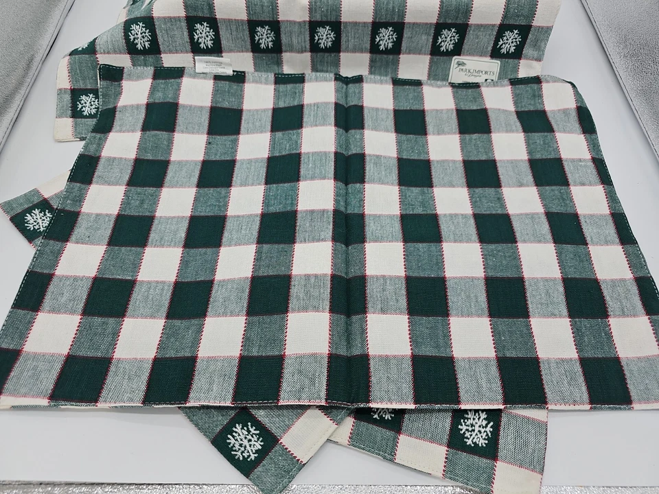 4 manteles individuales Park Imports & Designs copo de nieve verde a cuadros algodón telar India Foto 4 de 4