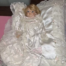 Vintage Blonde School Girl - Porcelain Doll w/ Stand - Excellent Condition Blue