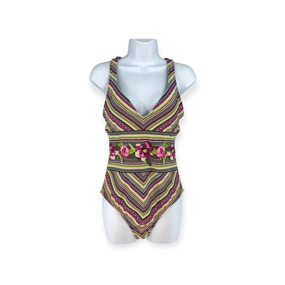 Traje de baño Mossimo de una pieza para mujer M mediano multi rayas con tiras en la espalda Foto 2 de 4