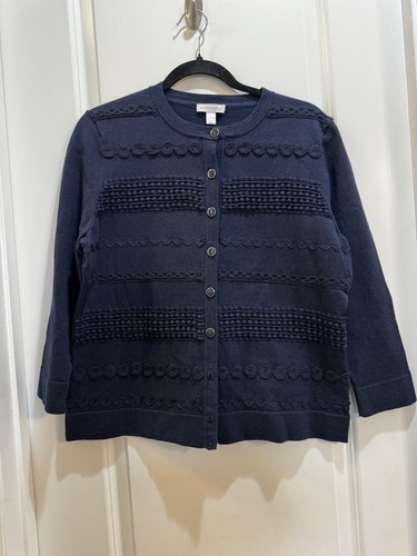 Charter Club Navy Blue Cardigan Sweater Large Long Sleeve Embroidered Crew Neck - Picture 3 of 6