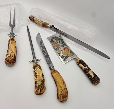 Vintage Anton Wingen Solingen Germany Carved Stag Horn 5pc Carving Cleaver Set