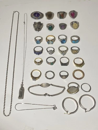 Vintage Lot Of Sterling 925 Silver 25 Rings Plus Necklaces Brooch Etc 195 Grams