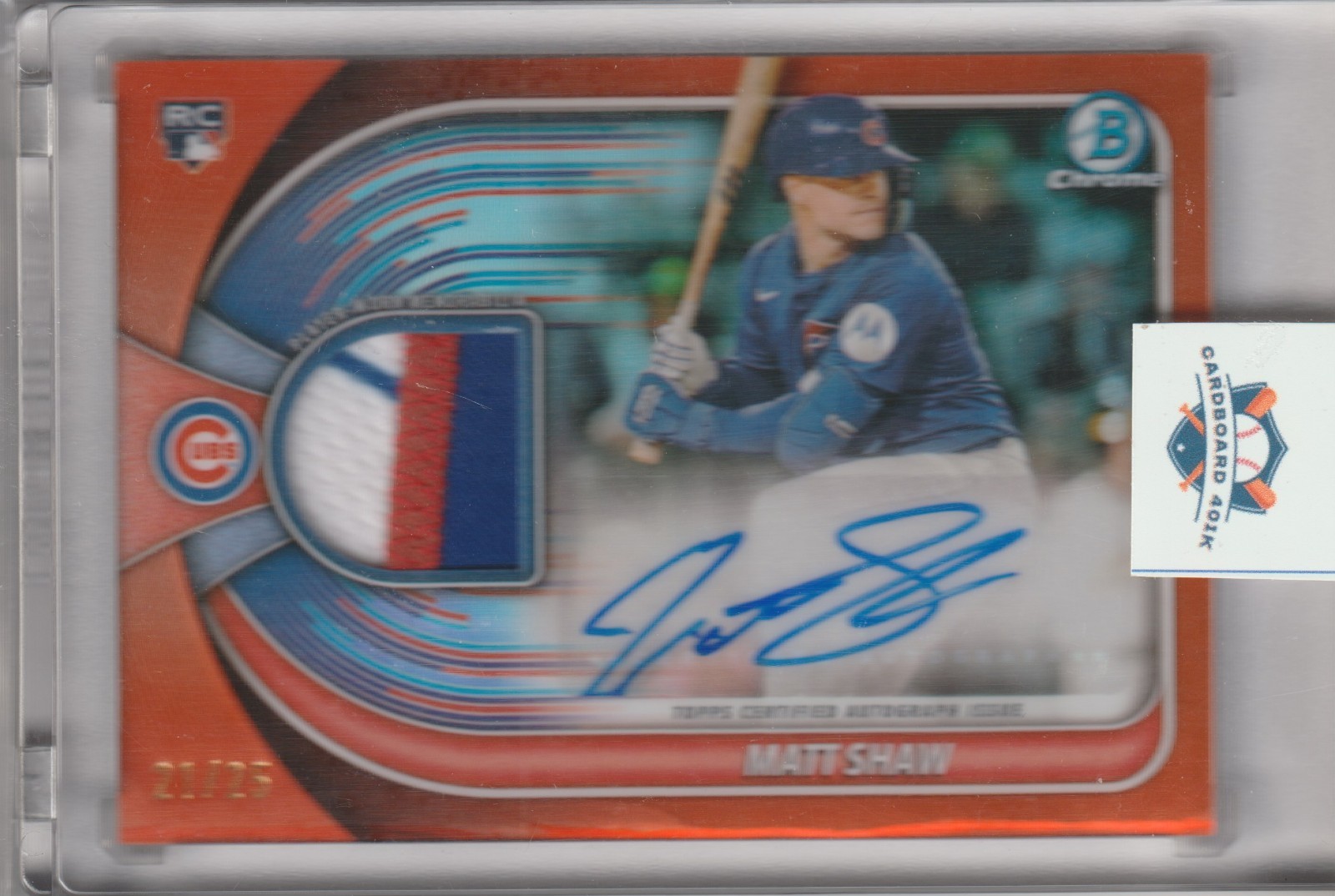 2025 MATT SHAW RC AUTO 21/25 BOWMAN CHROME ROOKIE AUTOGRAPH PATCH ORANGE REF.