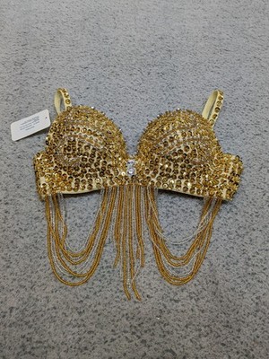 Gold Sequin Rhinestone Halter Bra Beaded 34B Belly Dance Rave Festival NWT