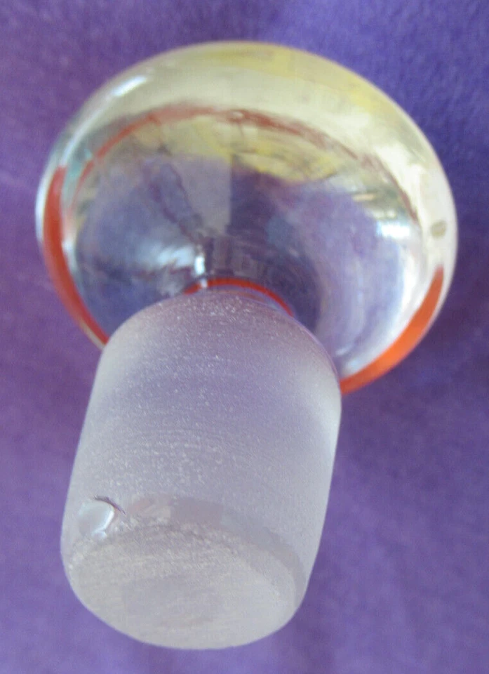 Art Deco decanter spherical hand painted glass red yellow and opaque hoops - Image 4 of 4