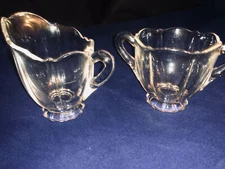 Vintage Open Sugar and Creamer Glass 3.5" Tall Etched  Flower on each