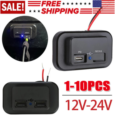 12-24V 4.8A Dual USB PD QC3.0 Car Boat RV  Charger Socket LED Power Outlet lot