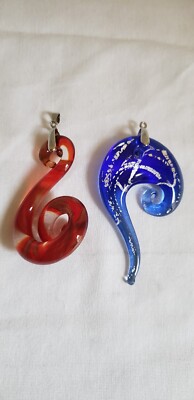 VTG 2 Art Glass Pendants Snail Scroll  18KGP White Gold Plated Cobalt Amber 
