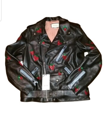 GUCCI Lambskin Leather Biker Jacket Hand Beaded Strawberries