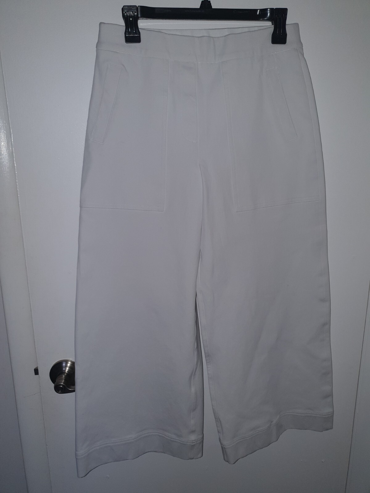 Spanx Pants Womens Medium White Pull On Stretch Twill Crop Wide Leg Cotton