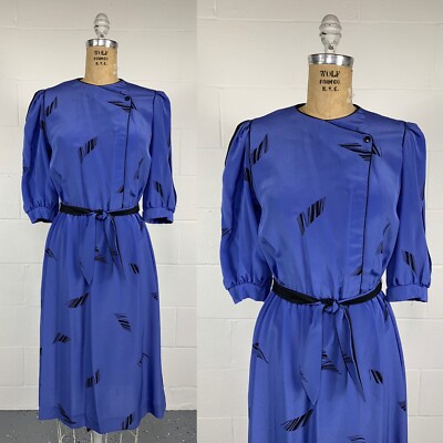 Vintage 80s Blue Black Abstract Print Blouson Shirt Dress New Wave Secretary 4